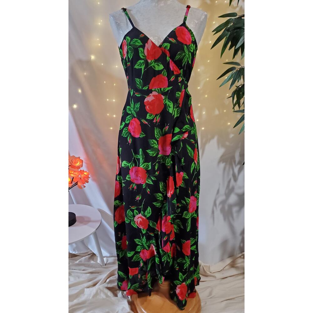 ASOS Ruffle Front Wrap Maxi Cami Dress in Bold Floral Women's Size 6 Black Pink